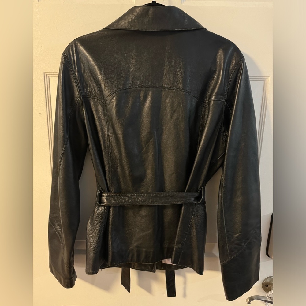 Wilsons Leather Vintage 90s Maxima Jacket Tie Belt Cinch Waist Button Up Collar - Picture 8 of 16
